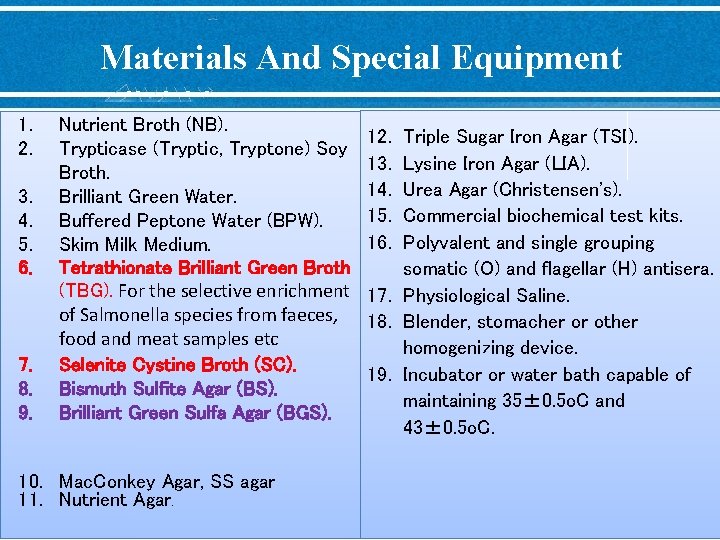 Materials And Special Equipment 1. 2. 3. 4. 5. 6. 7. 8. 9. Nutrient