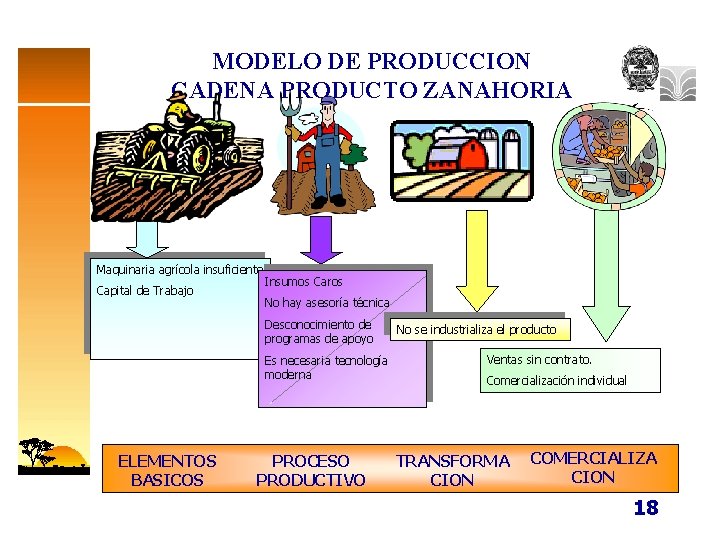 MODELO DE PRODUCCION CADENA PRODUCTO ZANAHORIA Maquinaria agrícola insuficiente. Insumos Caros Capital de Trabajo