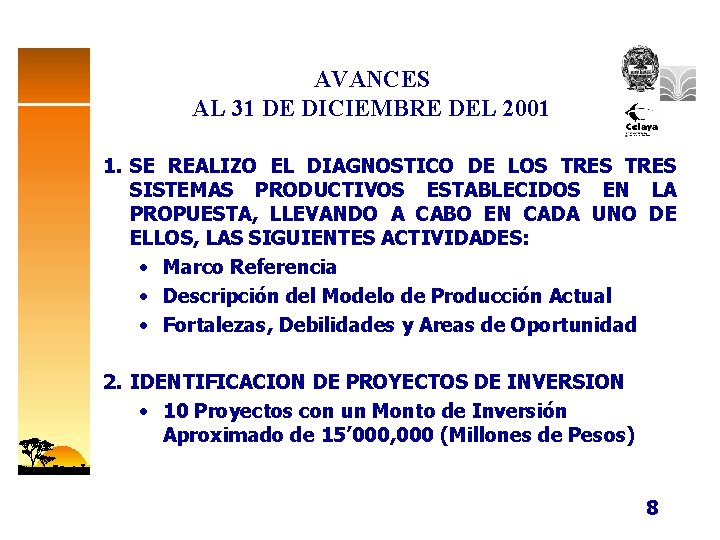 AVANCES AL 31 DE DICIEMBRE DEL 2001 1. SE REALIZO EL DIAGNOSTICO DE LOS