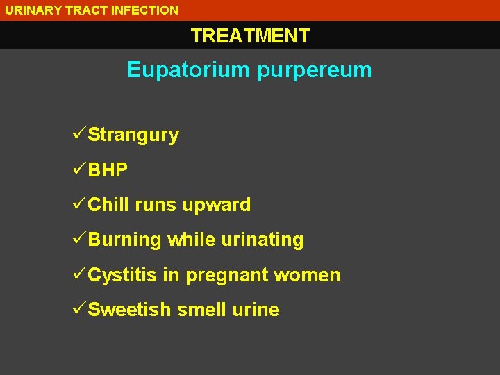 URINARY TRACT INFECTION TREATMENT Eupatorium purpereum üStrangury üBHP üChill runs upward üBurning while urinating