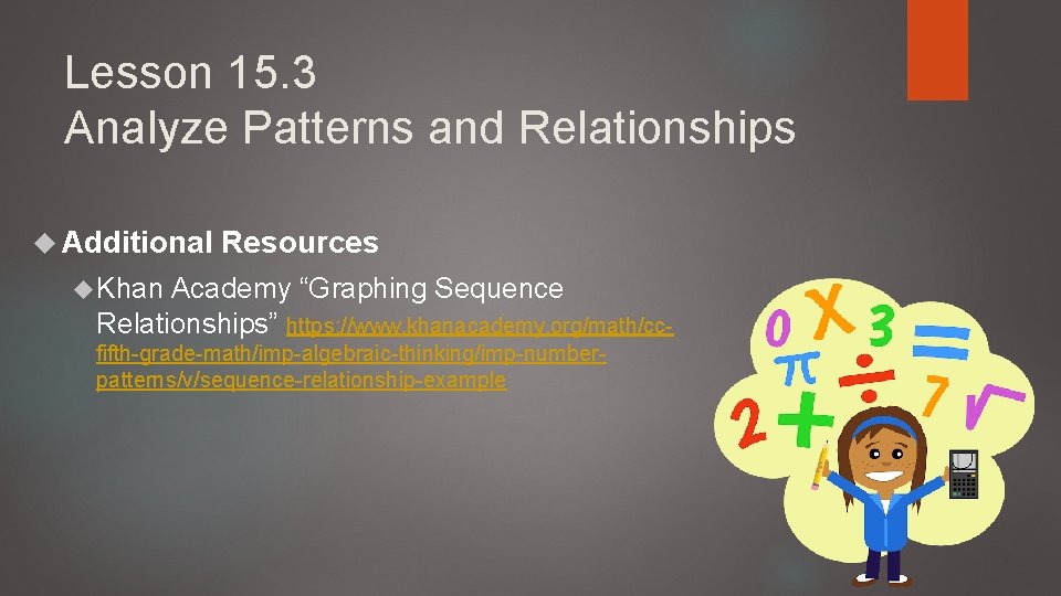 Lesson 15. 3 Analyze Patterns and Relationships Additional Resources Khan Academy “Graphing Sequence Relationships”