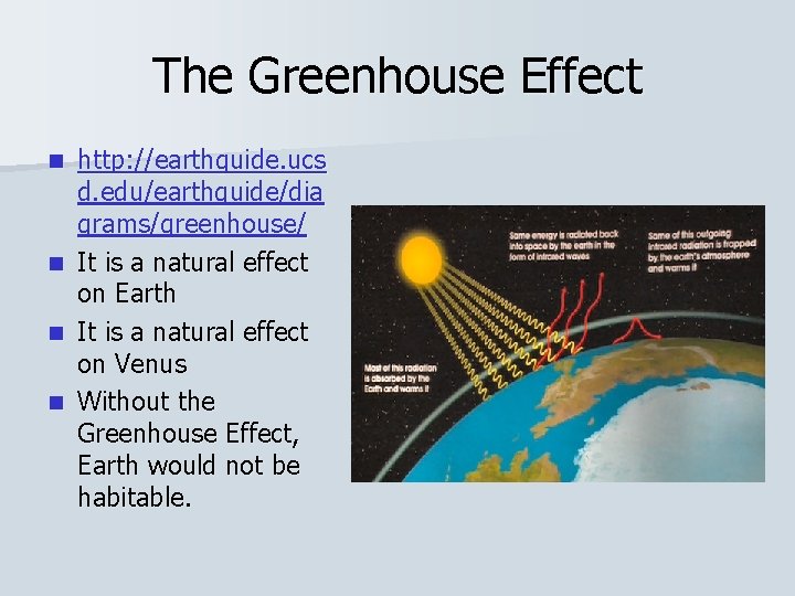 The Greenhouse Effect http: //earthguide. ucs d. edu/earthguide/dia grams/greenhouse/ n It is a natural