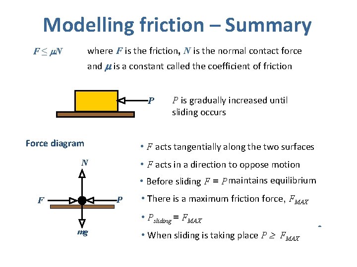 Modelling friction – Summary where F is the friction, N is the normal contact