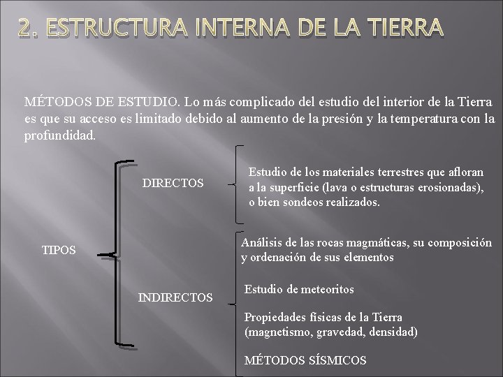 2. ESTRUCTURA INTERNA DE LA TIERRA MÉTODOS DE ESTUDIO. Lo más complicado del estudio