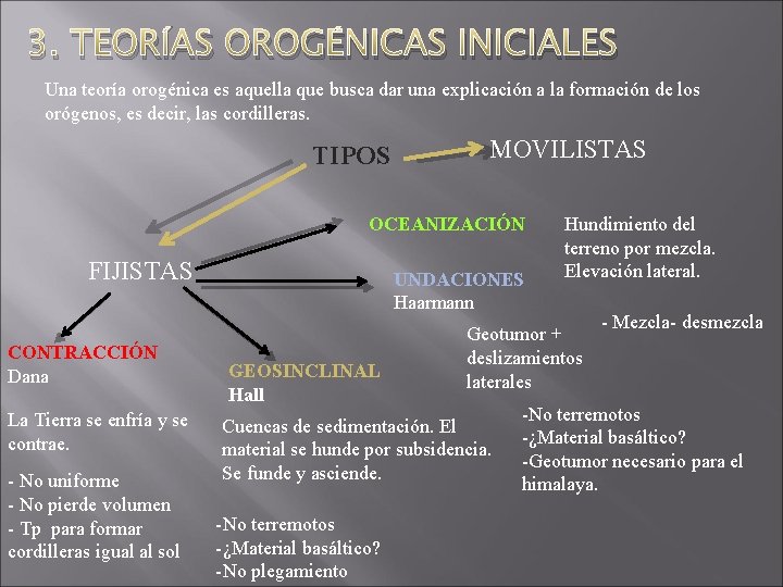 3. TEORÍAS OROGÉNICAS INICIALES Una teoría orogénica es aquella que busca dar una explicación