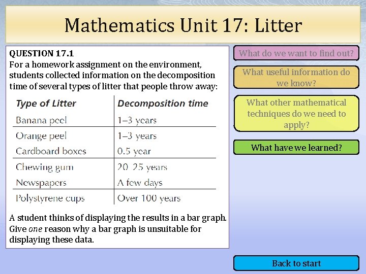 Mathematics Unit 17: Litter QUESTION 17. 1 For a homework assignment on the environment,