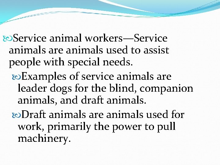  Service animal workers—Service animals are animals used to assist people with special needs.