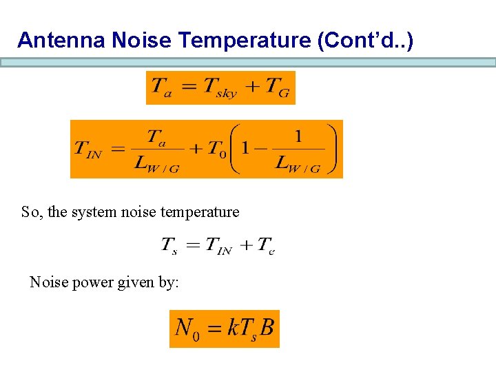 Antenna Noise Temperature (Cont’d. . ) So, the system noise temperature Noise power given