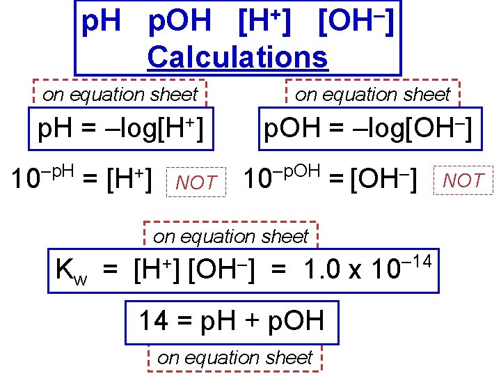 p. H p. OH [H+] [OH–] Calculations on equation sheet p. H = –log[H+]