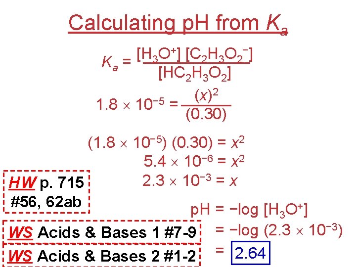 Calculating p. H from Ka [H 3 O+] [C 2 H 3 O 2−]