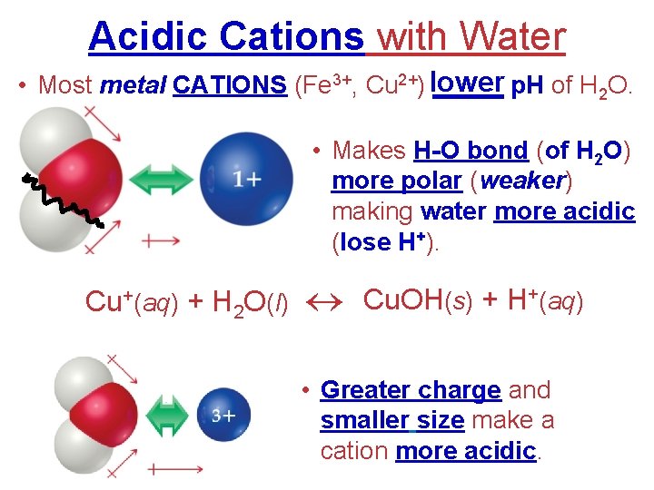 Acidic Cations with Water lower • Most metal CATIONS (Fe 3+, Cu 2+) _____