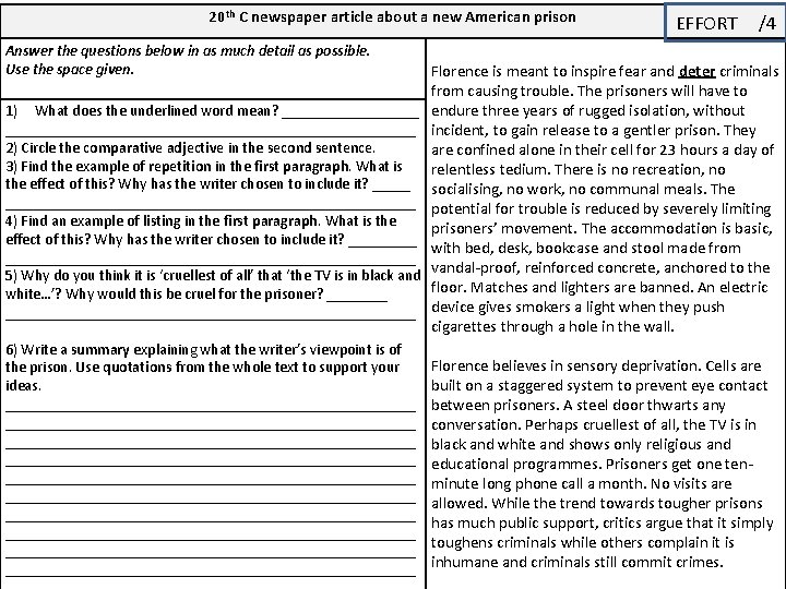 20 th C newspaper article about a new American prison Answer the questions below