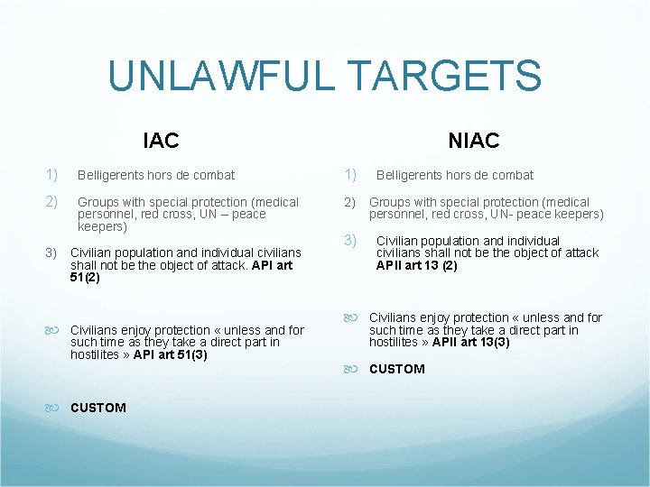 UNLAWFUL TARGETS IAC NIAC 1) Belligerents hors de combat 1) 2) Groups with special