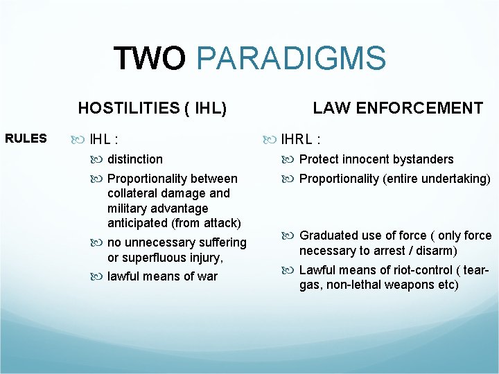 TWO PARADIGMS HOSTILITIES ( IHL) RULES IHL : distinction Proportionality between collateral damage and