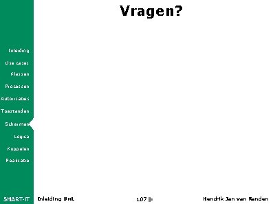 Vragen? Inleiding Use cases Klassen Processen Autorisaties Toestanden Schermen Logica Koppelen Realisatie 5 HART-IT