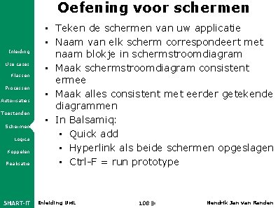 Oefening voor schermen Inleiding Use cases Klassen Processen Autorisaties Toestanden Schermen Logica Koppelen Realisatie