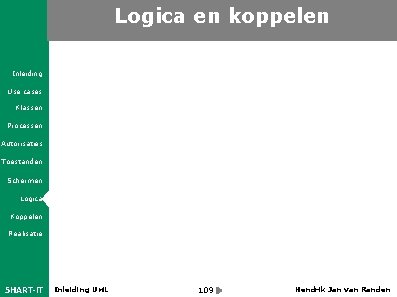 Logica en koppelen Inleiding Use cases Klassen Processen Autorisaties Toestanden Schermen Logica Koppelen Realisatie