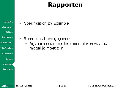 Rapporten Inleiding • Specification by Example Use cases Klassen Processen Autorisaties Toestanden • Representatieve
