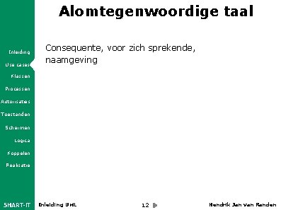 Alomtegenwoordige taal Inleiding Use cases Consequente, voor zich sprekende, naamgeving Klassen Processen Autorisaties Toestanden