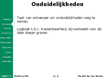 Onduidelijkheden Inleiding Use cases Klassen Processen Taak van ontwerper om onduidelijkheden weg te nemen