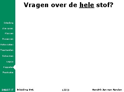 Vragen over de hele stof? Inleiding Use cases Klassen Processen Autorisaties Toestanden Schermen Logica