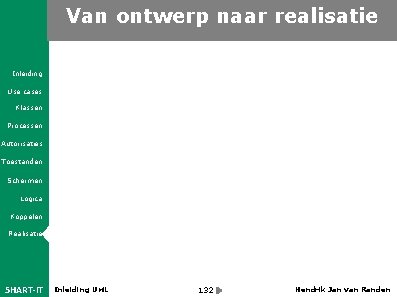 Van ontwerp naar realisatie Inleiding Use cases Klassen Processen Autorisaties Toestanden Schermen Logica Koppelen