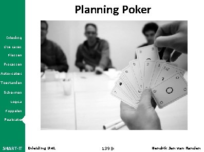 Planning Poker Inleiding Use cases Klassen Processen Autorisaties Toestanden Schermen Logica Koppelen Realisatie 5