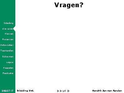 Vragen? Inleiding Use cases Klassen Processen Autorisaties Toestanden Schermen Logica Koppelen Realisatie 5 HART-IT