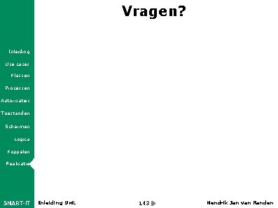Vragen? Inleiding Use cases Klassen Processen Autorisaties Toestanden Schermen Logica Koppelen Realisatie 5 HART-IT