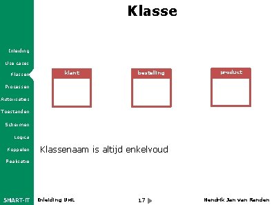 Klasse Inleiding Use cases Klassen klant bestelling product Processen Autorisaties Toestanden Schermen Logica Koppelen