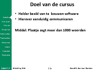Doel van de cursus Inleiding Use cases • Helder beeld van te bouwen software