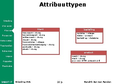 Attribuuttypen Inleiding Use cases Klassen Processen Autorisaties Toestanden Schermen klant bestelling voornaam : string