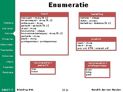 Enumeratie klant Inleiding Use cases Klassen Processen bestelling voornaam : string [0. . 1]