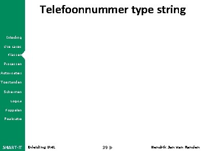 Telefoonnummer type string Inleiding Use cases Klassen Processen Autorisaties Toestanden Schermen Logica Koppelen Realisatie