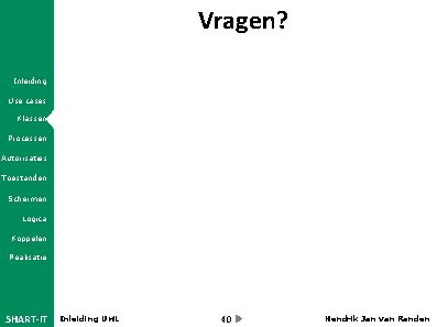 Vragen? Inleiding Use cases Klassen Processen Autorisaties Toestanden Schermen Logica Koppelen Realisatie 5 HART-IT