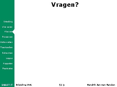 Vragen? Inleiding Use cases Klassen Processen Autorisaties Toestanden Schermen Logica Koppelen Realisatie 5 HART-IT