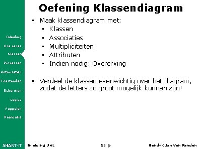 Oefening Klassendiagram Inleiding Use cases Klassen Processen • Maak klassendiagram met: • Klassen •
