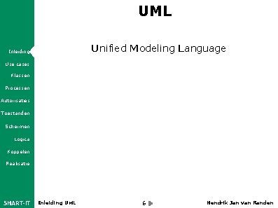 UML Unified Modeling Language Inleiding Use cases Klassen Processen Autorisaties Toestanden Schermen Logica Koppelen