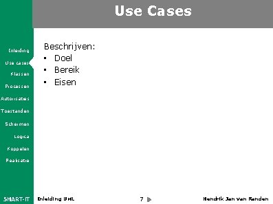 Use Cases Inleiding Use cases Klassen Processen Beschrijven: • Doel • Bereik • Eisen