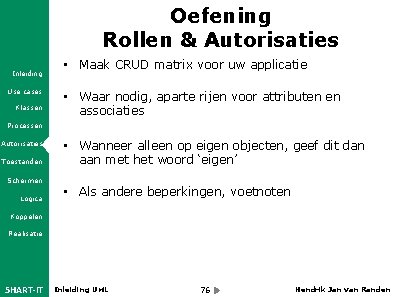 Oefening Rollen & Autorisaties Inleiding Use cases Klassen • Maak CRUD matrix voor uw
