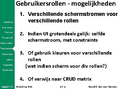 Gebruikersrollen - mogelijkheden Inleiding 1. Verschillende schermstromen voor verschillende rollen Use cases Klassen Processen