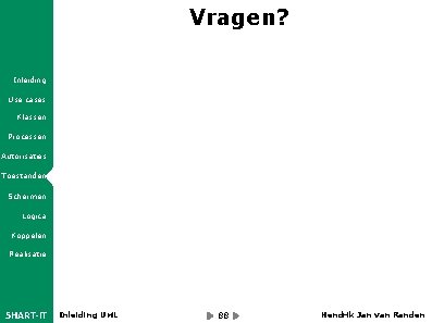 Vragen? Inleiding Use cases Klassen Processen Autorisaties Toestanden Schermen Logica Koppelen Realisatie 5 HART-IT