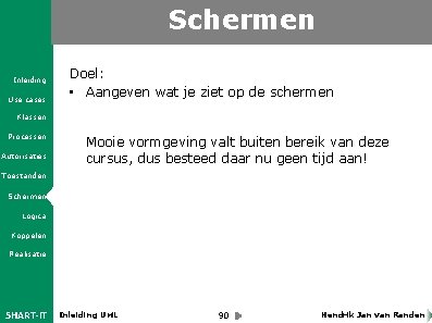 Schermen Inleiding Use cases Doel: • Aangeven wat je ziet op de schermen Klassen