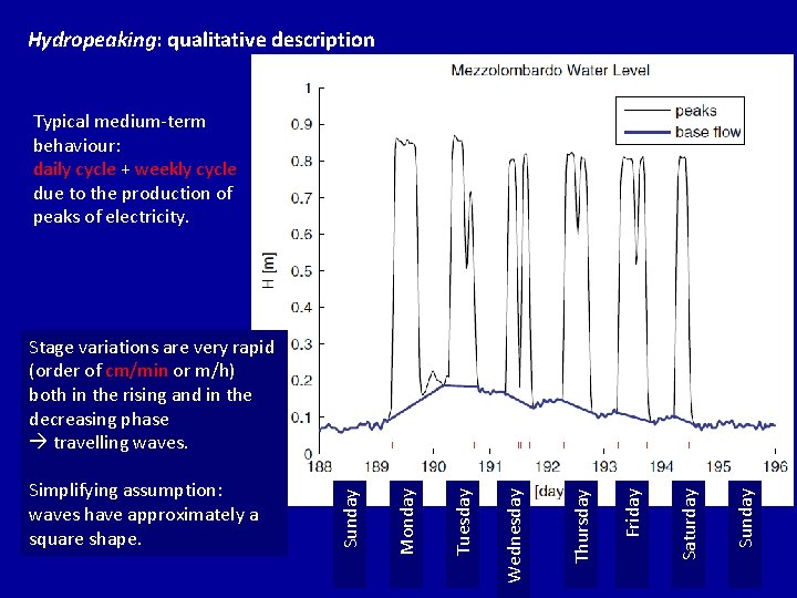 Hydropeaking: qualitative description Typical medium-term behaviour: daily cycle + weekly cycle due to the