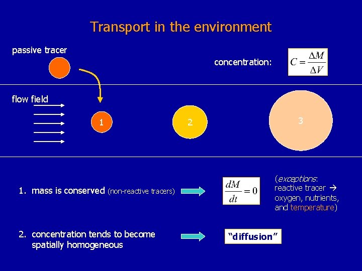 Transport in the environment passive tracer concentration: flow field 1 1. mass is conserved