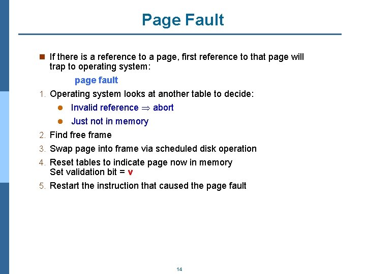 Page Fault n If there is a reference to a page, first reference to