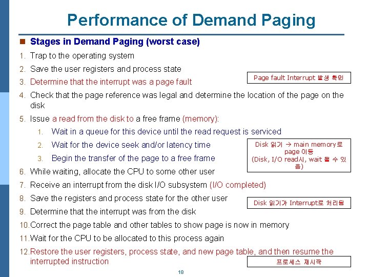 Performance of Demand Paging n Stages in Demand Paging (worst case) 1. Trap to