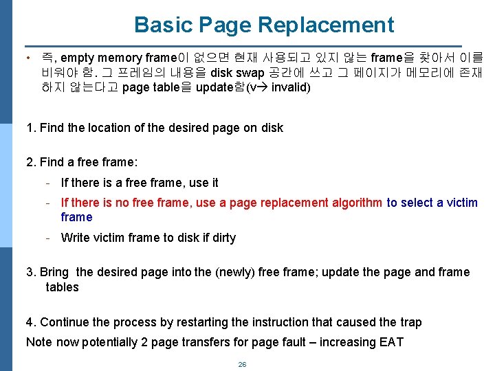Basic Page Replacement • 즉, empty memory frame이 없으면 현재 사용되고 있지 않는 frame을