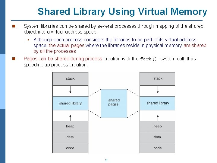 Shared Library Using Virtual Memory n System libraries can be shared by several processes