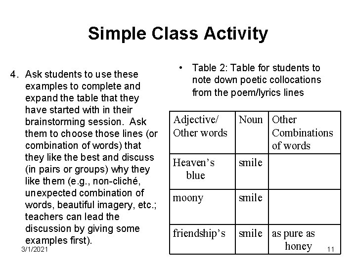 Simple Class Activity 4. Ask students to use these examples to complete and expand